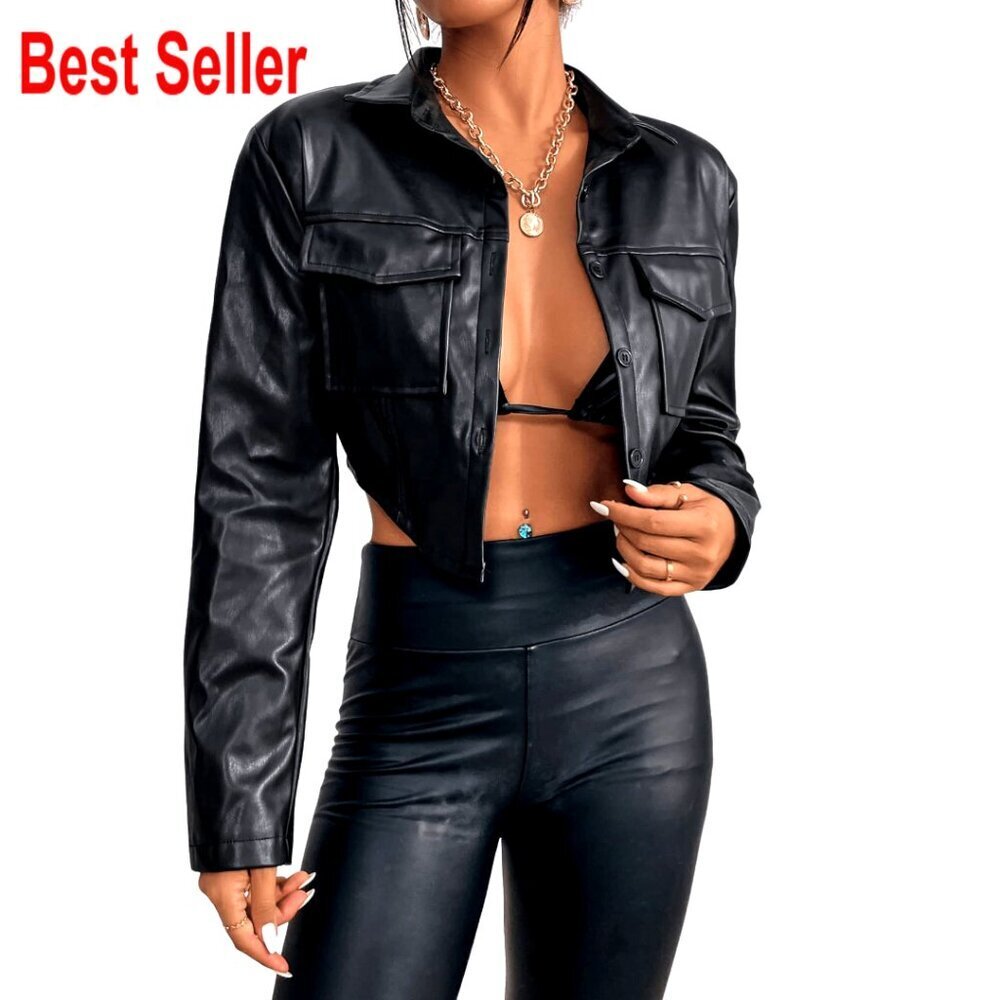 PU Leather Cropped Coat Button Front Jacket Bust Pocket Casual Outerwear